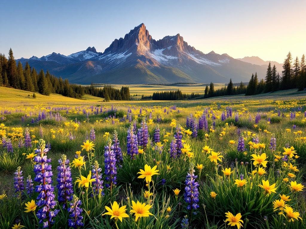 Gallatin Valley landscape with Lone Mountain in the background and wildflower meadows