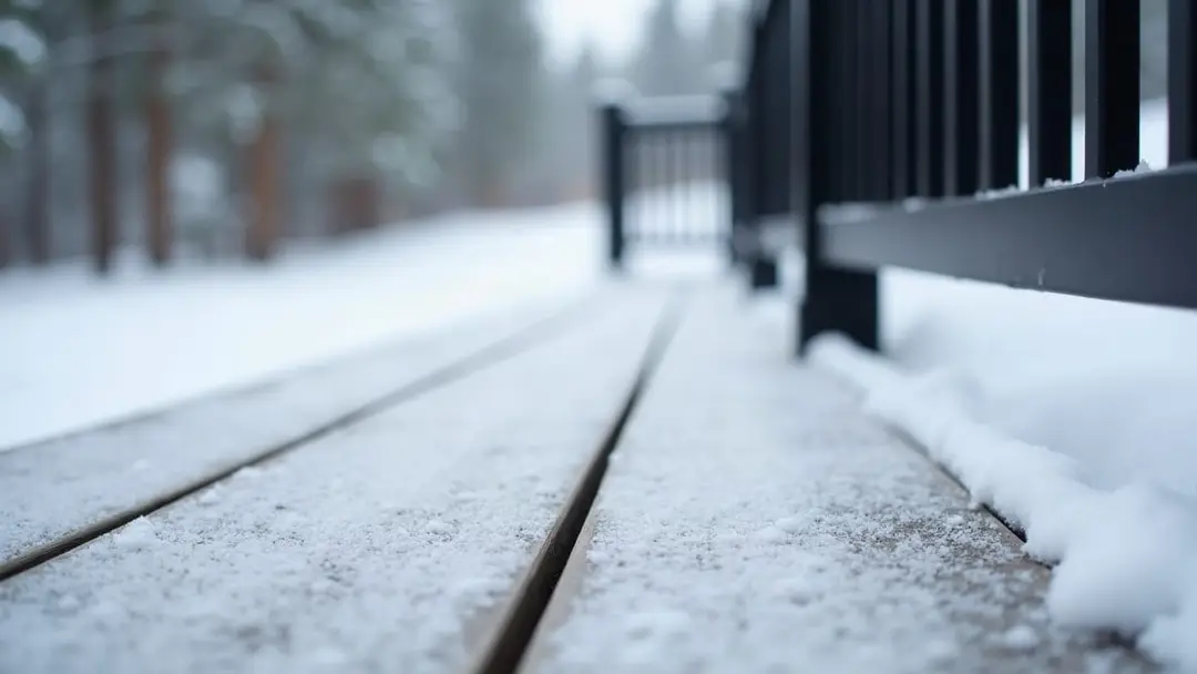 Gray composite deck boards under a thin layer of fresh snow beside a black metal railing, with conifers blurred behind